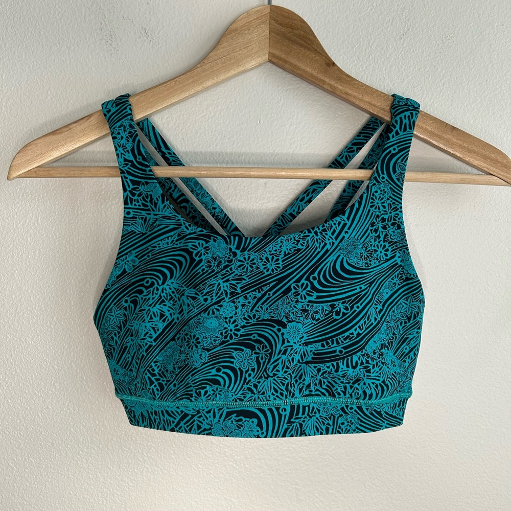 Lululemon Energy Bra Nulux Green Foliage Teal Black Crisscross Straps Size 6